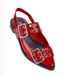 Red Buckle Pointed Toe Flat Shoes
