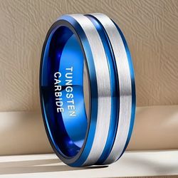 Men's 8mm Tungsten Carbide Blue Brushed Grooved Comfort-Fit Engagement Wedding Band