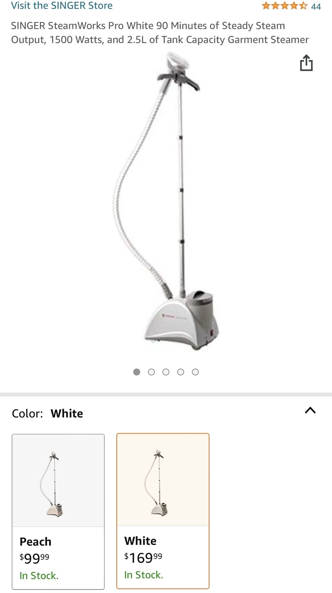 SINGER SteamWorks Pro White 90 Minutes of Steady Steam Output, 1500 Watts, and 2.5L of Tank Capacity Garment Steamer