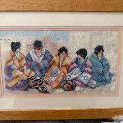Vtg 80’s Native American Needlepoint Art “Pueblo Morning” Southwestern Women Pottery Scene Framed