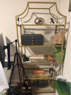 70” Gold Metal & Glass Display Bookshelf / Etagere – Modern Glam