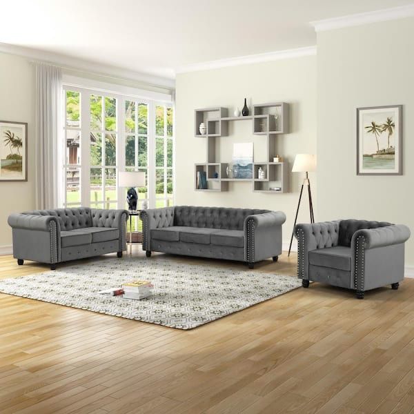 Velvet Couches for Living Room Sets, Chair, loveseat and Sofa 3 Pieces Top in Gray