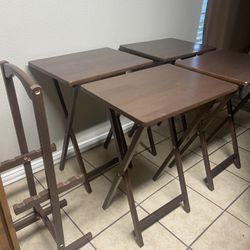 4-Piece Walnut Indoor Folding Tray Table Set with Storage Rack