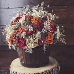 Southern Blooms Co "Feels Like Fall Barrel Planter" Wood Flower Basket, NEW.