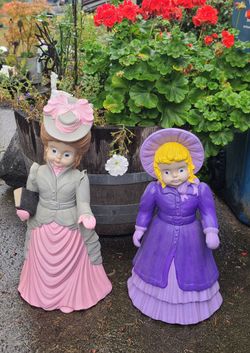 2 Cute Vintage Victorian Era Ceramic Painted Lady Garden Statues