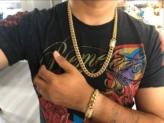 Diamond Lock Cuban Link Set 14K Gold Plated Doesn't Loses Color