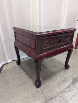 Mahogany Finish Oriental Style Nightstand with Carved Dragon