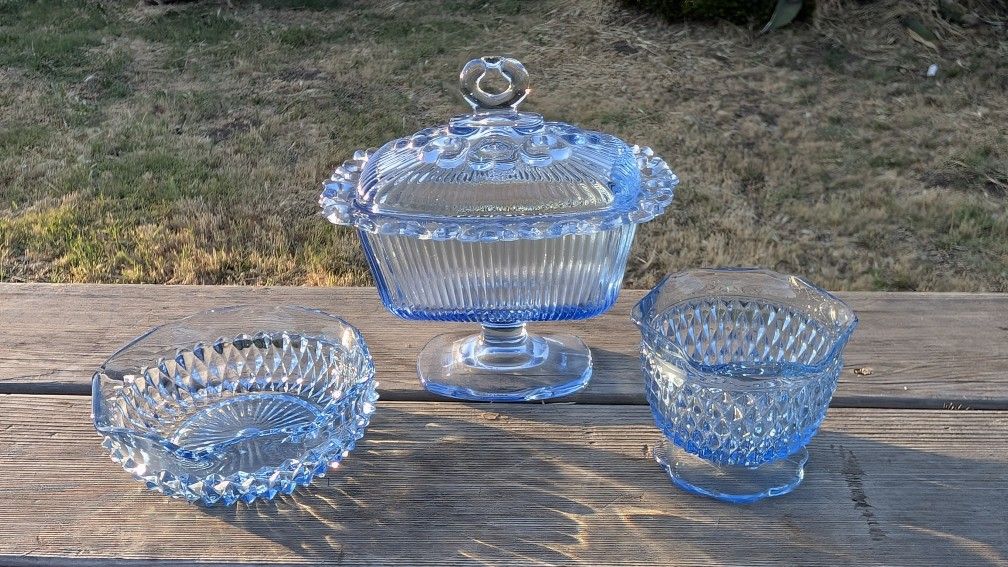 Set of 3 Vintage Blue Pressed Glass Pieces – Lidded Compote, Bowl, & Candy Dish