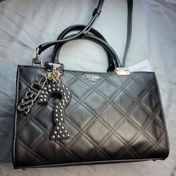 Guess Status Girlfriend Satchel, Black Quilted Handbag with Charms NWT