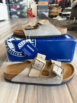 Women's Birkenstock Arizona Birkibuc Sandals - Shimmering Taupe - Size 8