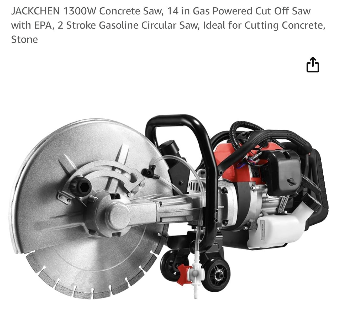 JACKCHEN 1300W Concrete Saw, 14 in Gas Powered Cut Off Saw with EPA, 2 Stroke Gasoline Circular Saw, Ideal for Cutting Concrete, Stone  