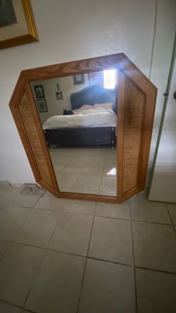 Vintage 1980s Octagonal Oak & Woven Cane Mirror - Large (41" x 45")
