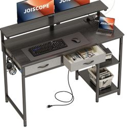 Home Office Desk with Power Outlets (3AC, USB, Type-C), 2 Drawers & Shelves, Laptop Table with Display Riser