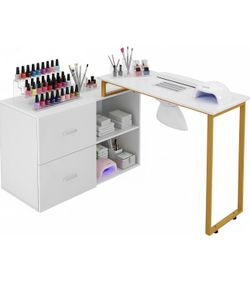 HICOMONY Nail Desk, L Shape Manicure Table for Nail Tech, w/Dust Collector, Wrist Cushion, Acetone Resistant Top,Drawers and Shelves for Home Spa Nail
