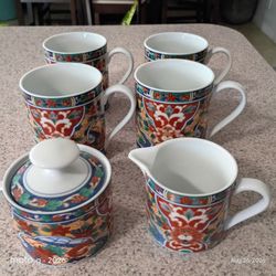 Imari-Style Porcelain Mug Set with Creamer and Sugar Bowl