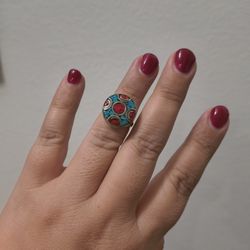 Tibetian New Ring Adjustable Coral&Turquoise