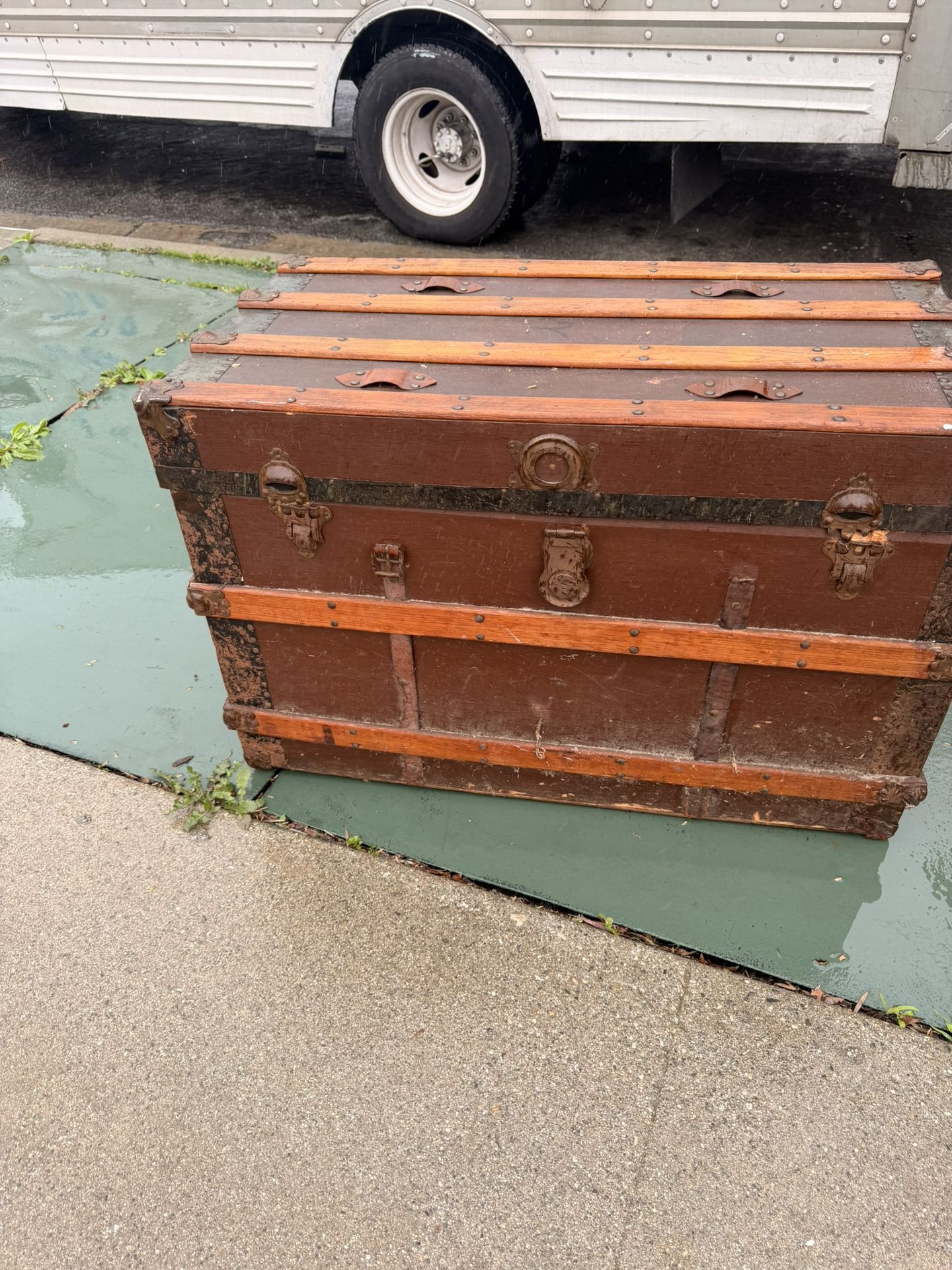 Antique Leather And Wooden Trunk
