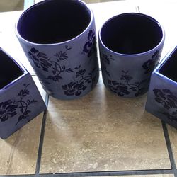 Set of Four Dark Blue Etched Ceramic Flower Pots