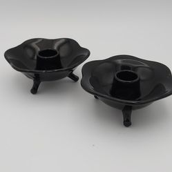 Set Of 2 Vintage Fenton Black Glass Lotus Flower Candlestick Holders 