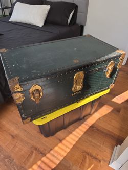 Vintage Green Steamer Trunk with Brass Hardware