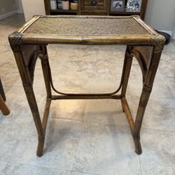 vintage Chinoiserie-style bamboo and rattan side table with a woven cane top