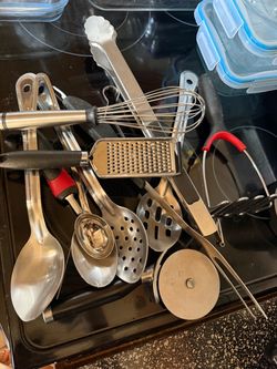 Kitchen Cooking & Prep Tools Lot (Tongs, Whisk, Grater, Pizza Cutter & More)