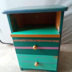 Real Wood Night Stand End Side Table Cute Fun Green Hand Painted Project Craft Practice