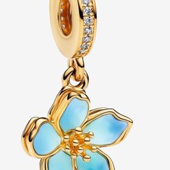 Pandora Blue flower Blossom Dangle Charm 14k gold plating sea for bracelet