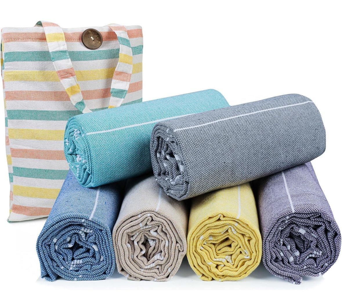 HILLFAIR Cotton Turkish Beach Towels- Lightweight Sand Free Peshtemal Hammam Towels for Bath Swim Yoga Spa-XXL Oversized Beach Towel (39 x 72 inch - 6