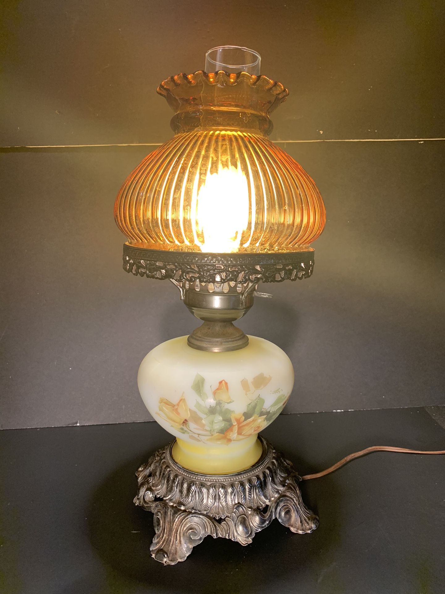 Antique Handpainted-Glass/Metal Electrified Oil/Hurricane Lamp with Amber Shade (Height: 18”)