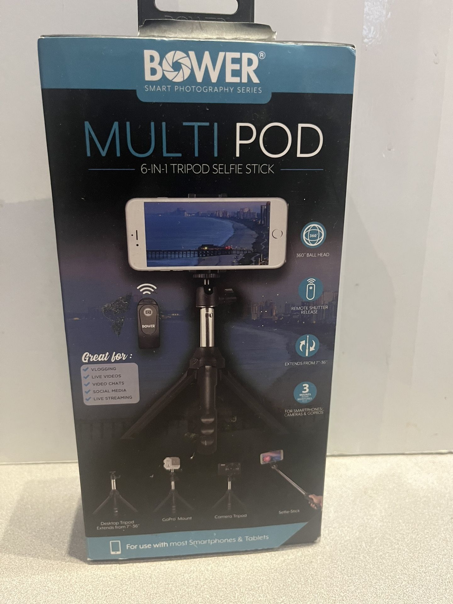 BOWER multi Pod 6-in-1 tripod Selfie Stick and Bluetooth remote -New Desktop tripod 