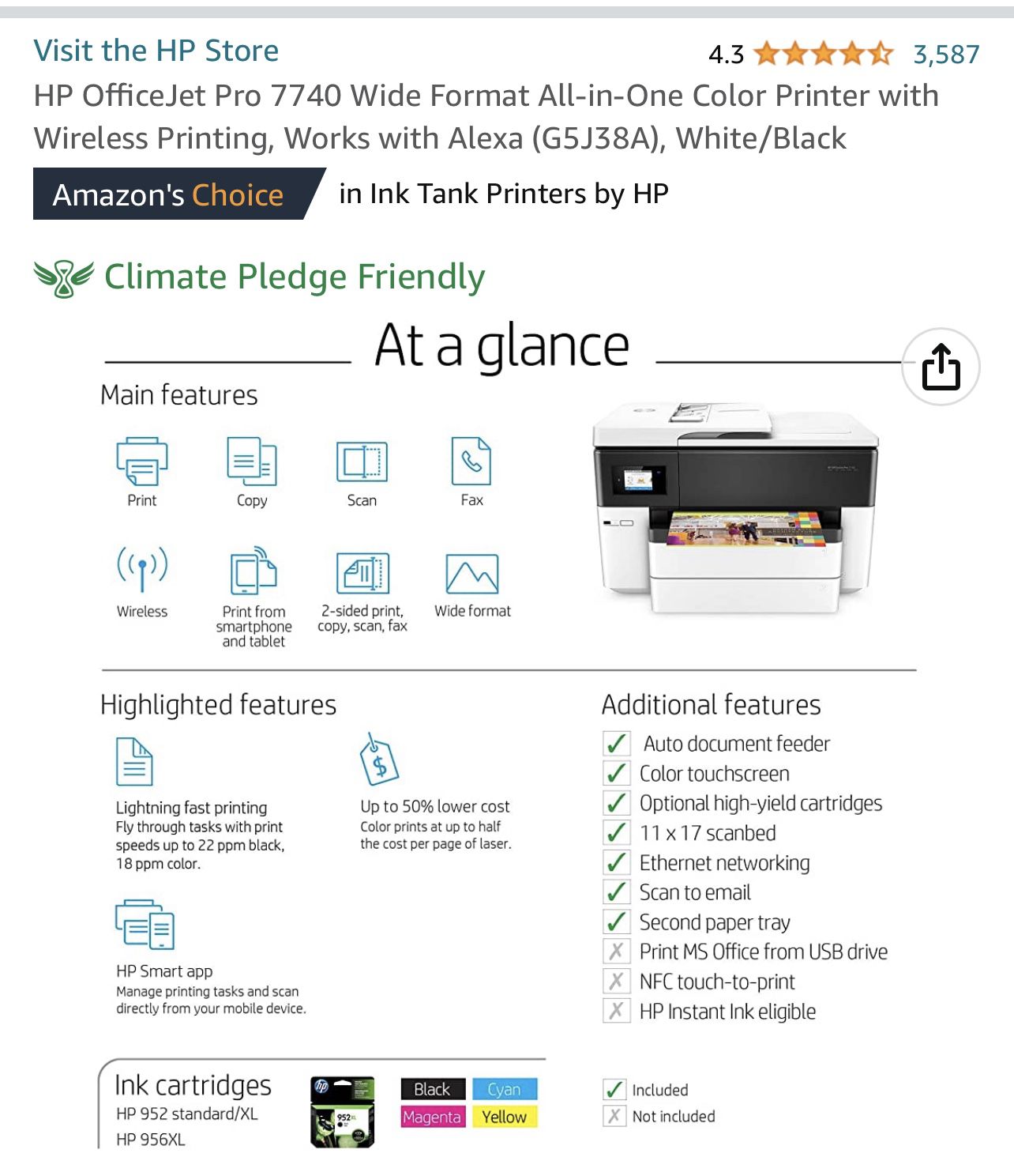 HP OfficeJet Pro 7740 Wide Format All-in-One Color Printer with Wireless  Printing, Works with Alexa (G5J38A), White/Black : Office Products 