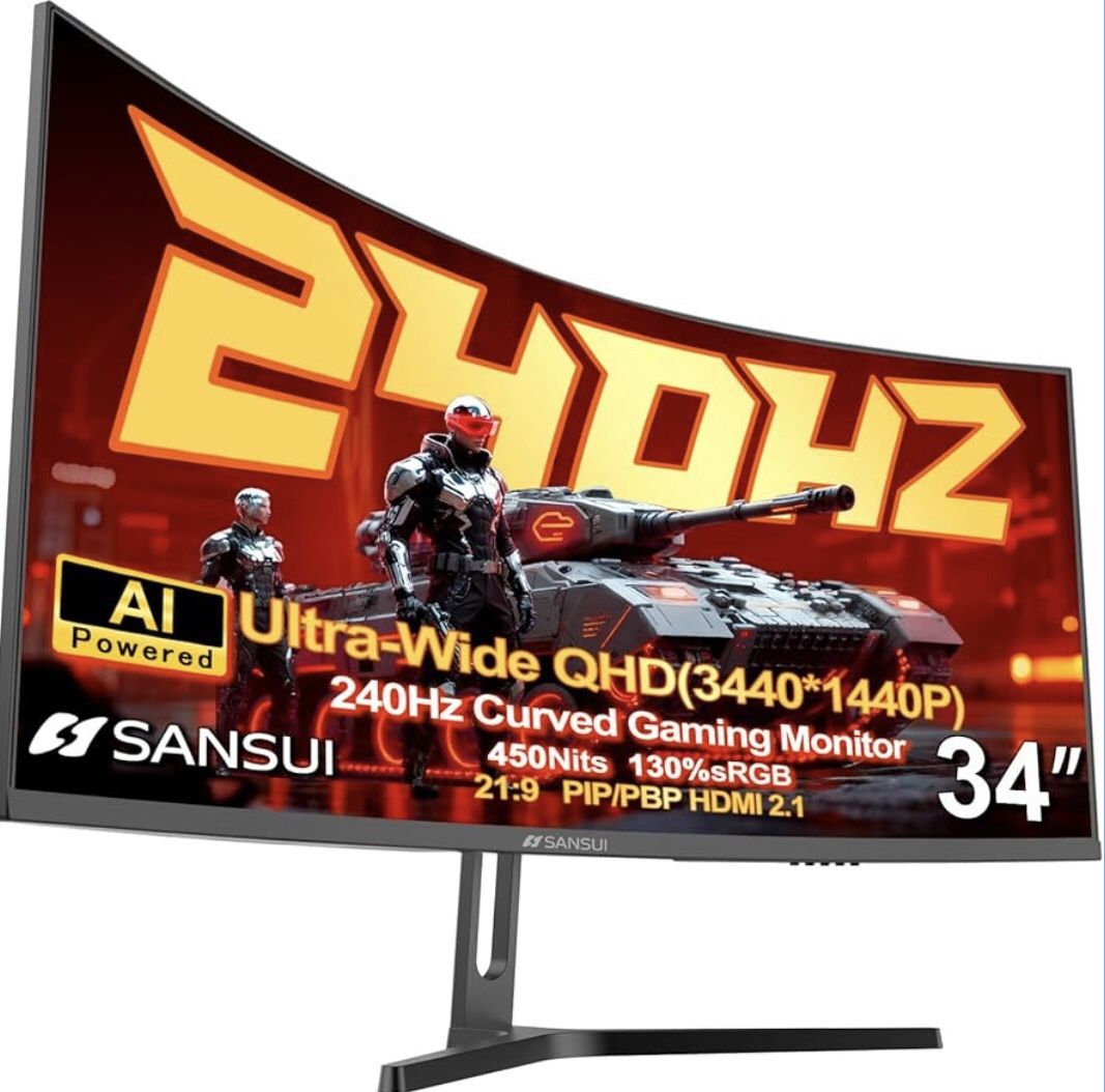 SANSUI 34 Inch 240Hz Ultrawide Curved Gaming Monitor UWQHD 3440×1440, 21:9 2K Curved Monitor 1500R,HDR400,Fast VA, PIP/PBP,AI Crosshair,AIPQ(Visual En