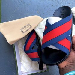 Gucci Pursuit 72 Men's Striped Logo Slide Sandals Black Red Blue Size 11 w/Box