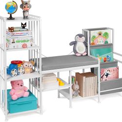 Kids Reading Nook with Storage, Nursery Book Shelves and Kids Bookcase with Reading Nook, Baby Bookshelf & Toy Storage Organizer, Montessori Toddler B