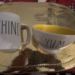 Rae Dunn Artisan Collection Magenta Glass Mug & Bowl Yellow Interior Yum & Shine