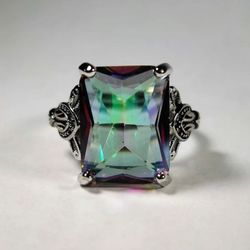Huge Rectangle Rainbow Mystic Topaz Vintage Silver Ring  - Size 8