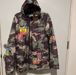 Adidas Jeremy Scott camo jacket with cartoon character patches #Jeremyscott #camouflage