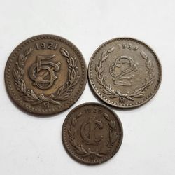 1921 , 1929 , 1939 Mexico Un Centavo , 2 Centavos , 5 Centavos Antique Coins