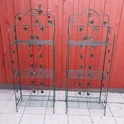 Vintage Green Ivy Indoor Outdoor 3-Shelf Etagere Wire Stands (Pair)