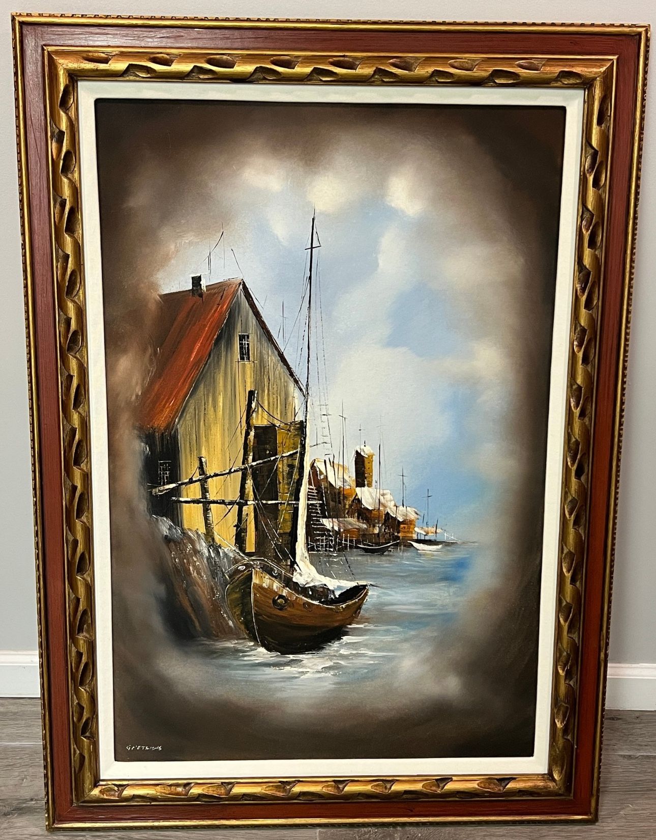 VINTAGE GASTON PETRIDIS OIL PAINTING NAUTICAL BOAT SCENE