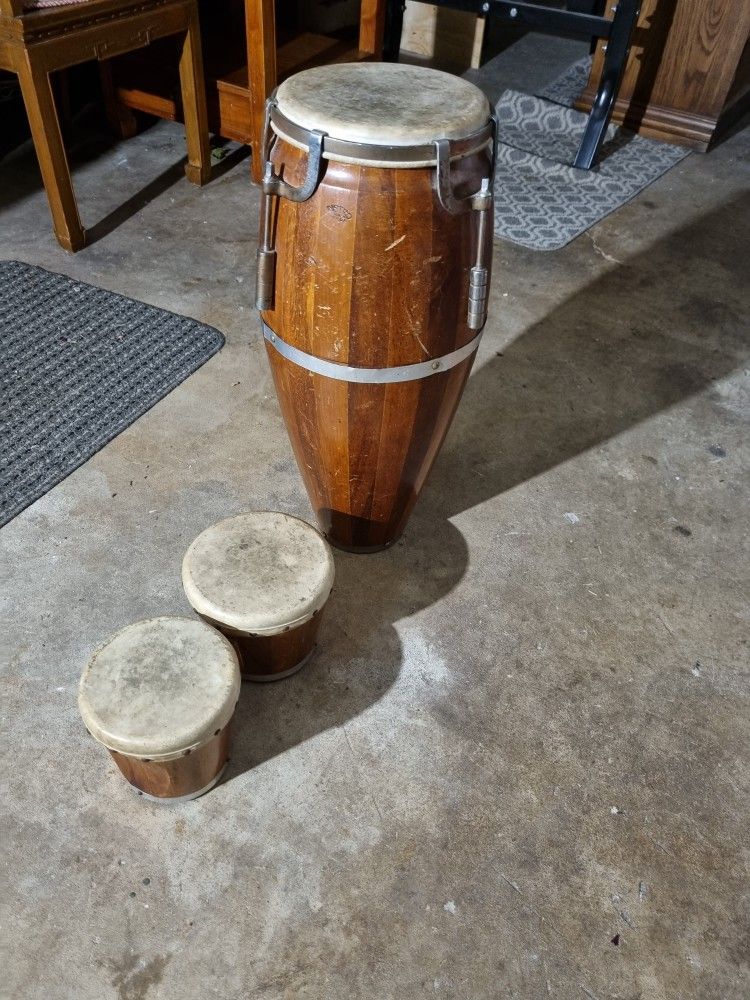 VINTAGE INSTRO π₯ Conga & Bongo Set - Two-Tone Wood - Made in Mexico D.F. - Latin Percussion Decor