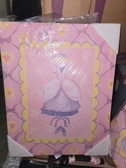 Girls Glittered Princess Gown w bows hearts Stretched Canvas Wall Art 20x16