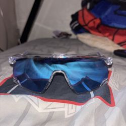 Oakley Style Sport Shield Sunglasses Blue Mirror Lens Clear Frame