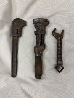3 Vintage Wrenches: 8” Monkey Wrench wood handle; 9” Monkey Wrench & Tractor Buggy Combination Square Wrench 