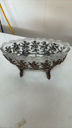 Glass Bowl with Ornate Metal Filigree Stand