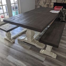 Gray and white table W Benches