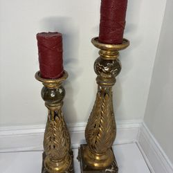 Set of 2 Ornate Gold Leaf & Marble Candlesticks