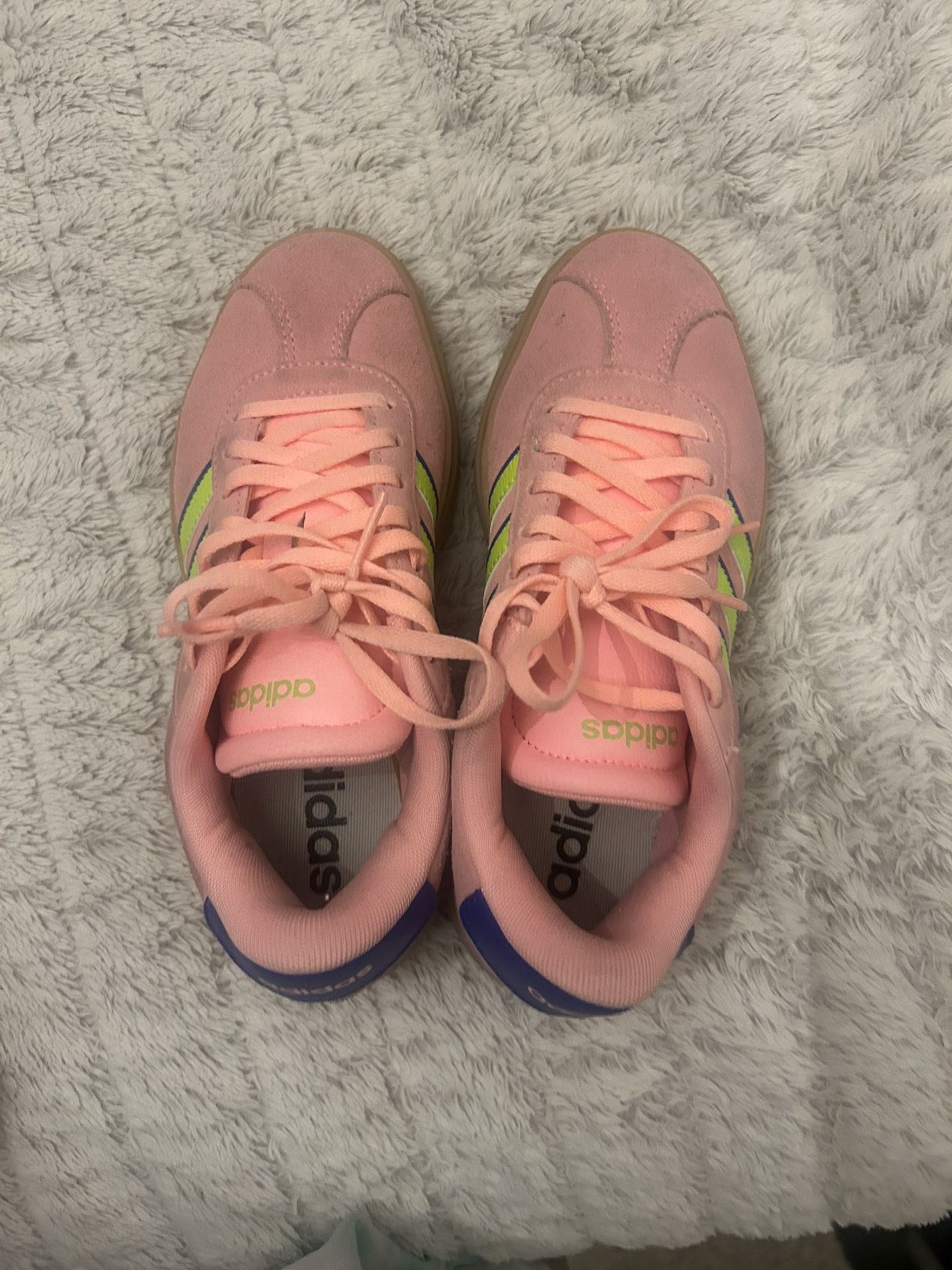 Platformed pink adidas with neon stripes 