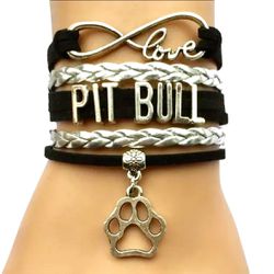 Pit Bull Infinity Love Black and Silver Braided Pet Dog Paw Charm Bracelet
